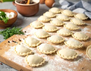 Homemade dumplings arranged on a wooden board with flour and ingredients ready for cooking a traditional meal