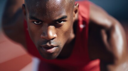 A professional athlete sprinting on a track during a competitive event with determination and focus