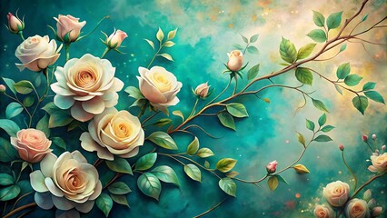 Elegant cream roses with delicate green leaves and buds on a soft teal and gold watercolor background