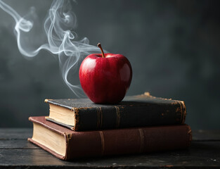 Red apple rests atop stack of old books on black table. Wisps of smoke curl upwards from behind, against gray textured wall. Education, knowledge, learning. Perfect for concepts related to study,