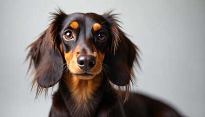 Portrait of chocolate, tan long-haired dachshund dog. Adorable puppy with floppy ears, expressive eyes on plain grey background. Purebred mammal with soft fur, representing domestic pets, canine