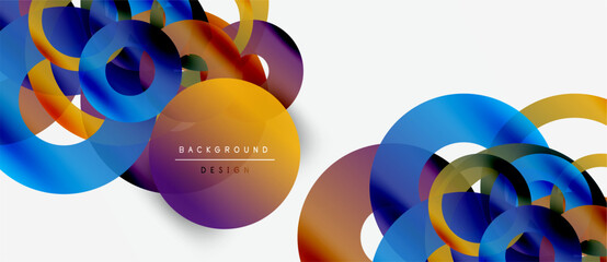 Abstract colorful circles overlap. Gradient hues create dynamic visual effect. Modern design element for backgrounds, presentations.