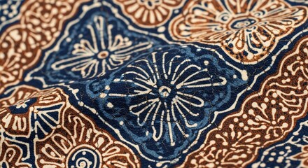 Intricate Batik Fabric Pattern with Floral Motifs in Blue and Brown Hues.