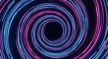 Fototapeta premium Abstract futuristic background featuring a hypnotic swirling vortex of glowing blue and pink neon lines forming a digital tunnel in deep space