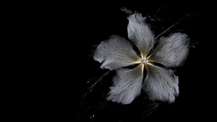 A delicate white flower with intricate details and a touch of gold, isolated on black background, showcasing its beauty and fragility in the darkness
