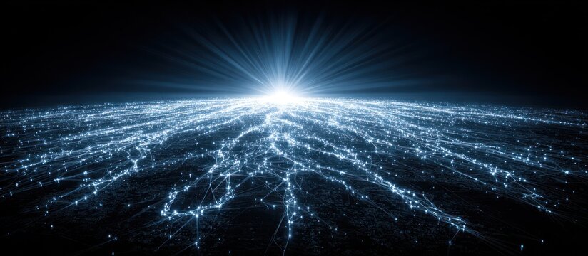 A digital rendering of a dark, flat plane illuminated by a bright, central light source