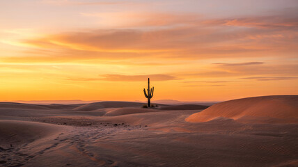 A lone cactus at sunrise in the White Sands desert