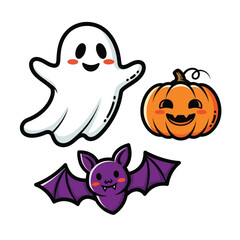 Cute Halloween Ghost Pumpkin Bat Icons Vector Illustration