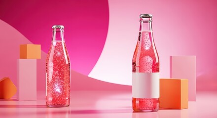 Modern Pink Drink Bottle Mockup: Two sleek bottles of a pink beverage, like rose wine or juice, with blank labels for branding on a vibrant, colorful background.