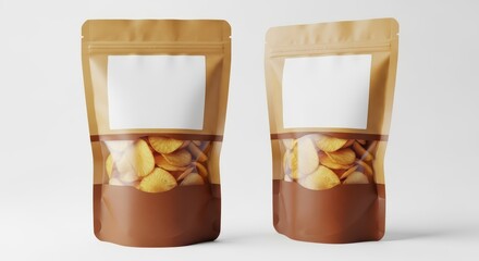 Kraft Paper Snack Pouch Mockup: A stand-up kraft paper pouch with a blank label and clear window, for organic food branding and eco-friendly packaging design.