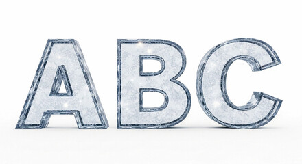 Three letters a, b, and c are crafted from shimmering, icy material with subtle light reflections, presented on a clean white background