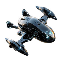 Futuristic black spaceship with glowing lights floating in a dark background view