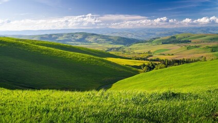 Fototapeta premium Rolling hills of tuscany in the springtime, a picturesque landscape with vibrant green fields and distant mountains under a clear blue sky, a serene view