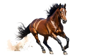 Fototapeta premium A powerful brown horse gallops majestically against a pristine white background, showcasing its dynamic movement and rich coat.