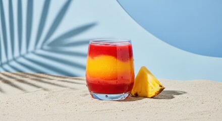 Layered Tropical Cocktail in Summer: A colorful layered cocktail with a pineapple slice under a palm leaf shadow, evoking a summer beach vacation and happy hour.