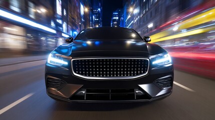 Nighttime city drive, car navigating illuminated urban streetscape.