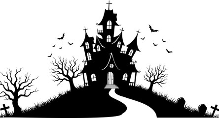 Spooky haunted house silhouette on a hill with a graveyard and flying bats, a scary vector graphic for Halloween