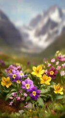 Vibrant wildflower meadow with majestic mountain vista, a breathtaking landscape photography.