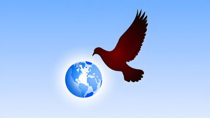 Silhouette of a dove flying towards a glowing earth globe