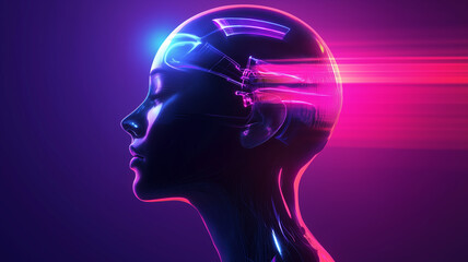 Obraz premium Cyborg woman head and energy rays concept horizontal poster. Robot head and glowing rays creative banner. Futuristic technology background. Raster digital illustration. AI artwork.