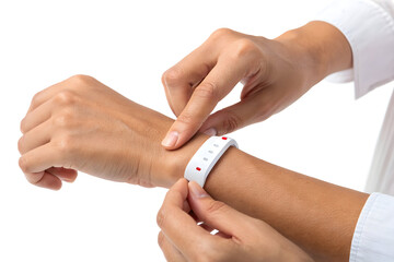 Person adjusting a white wearable health tracker device on transparent background