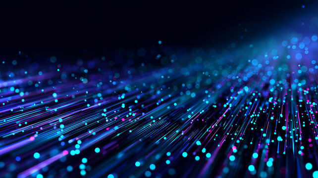 Dark blue digital electronic technology glowing background. Blockchain technology wallpaper. Computer network shiny poster. Bright lights. Raster bitmap digital illustration. AI artwork.