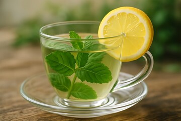 Fototapeta premium Refreshing glass cup of herbal tea with fresh mint leaves and lemon slice