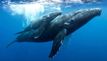 Two humpback whales, mother and calf, swim close together in the deep ocean, displaying a tender maternal bond.