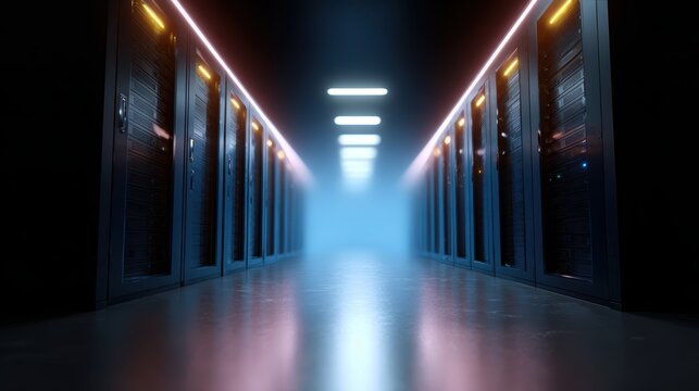 Futuristic data center with rows of glowing servers and cool blue lighting, symbolizing advanced cloud computing