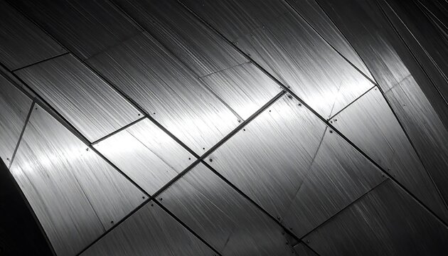Abstract architectural design featuring a close-up view of a metallic facade with geometric patterns and reflective surfaces.