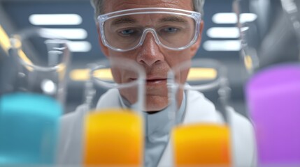 A scientist mixing colorful chemical solutions in a futuristic laboratory filled with gadgets