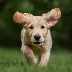 Playful golden retriever puppy running joyfully on fresh green grass with floppy ears and bright eyes