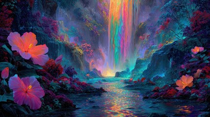 Enchanting fantasy forest with glowing waterfall and vibrant flowers