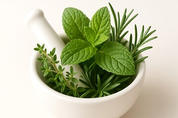 Fresh culinary herbs including mint rosemary and thyme in a white mortar and pestle