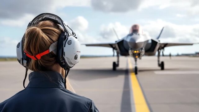 Air force technician prepares for aircraft launch on runway under a clear sky in a military airbase