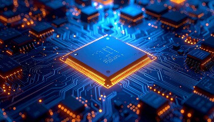 Macro view of an intricate green electronic circuit board with a processor chip and capacitors, representing the core of computer technology