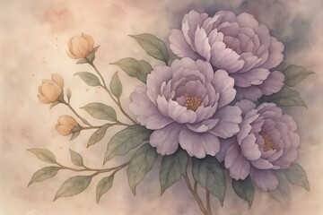 Soft focus watercolor painting of delicate purple peonies and buds with green leaves on a textured background