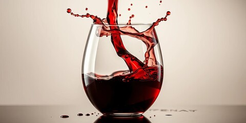 Fototapeta premium Crimson red wine splashing dramatically into a glass, creating vibrant droplets, delicious, red liquid