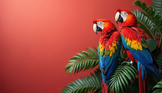 Two vibrant scarlet macaws perch amongst green palm leaves against striking coral red background. Colorful birds display brilliant blue, yellow, red plumage, creating tropical, festive atmosphere.