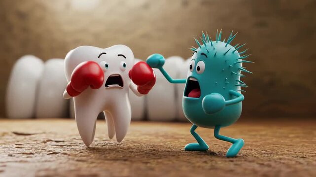 Tooth battling a bacterium, illustrating oral hygiene fight