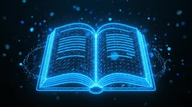 Open book in glowing digital wireframe style, neon blue holographic effect, floating particles, futuristic education concept, minimal dark background.