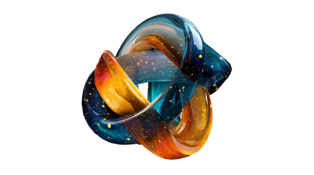 Abstract colorful glass knot with particles glowing on dark backdrop on transparent background - Powered by Adobe