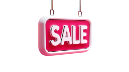 Shiny pink sale promotional sign with hanging chains on transparent background
