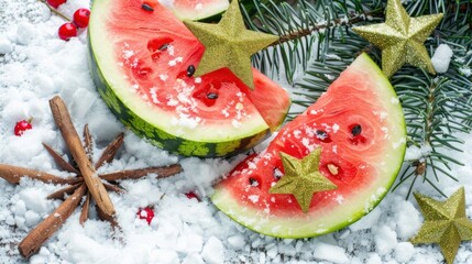 Watermelon Slices with Golden Star Decorations and Pine Branches for Christmas Celebration