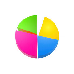 Fototapeta premium A colorful pie chart with four slices in green yellow blue and pink on a black background isolated
