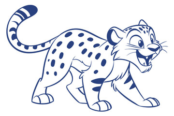 Cartoon Blue Outline Smiling Snow Leopard, Illustration, White Background