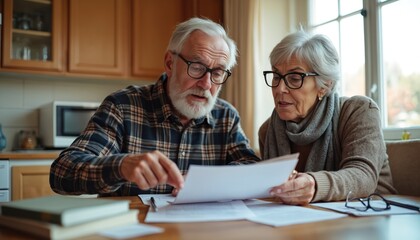 Senior couple reviews estate planning documents at kitchen table with personal finance books. Mature adults discuss retirement preparation, legal paperwork, wealth management, future security