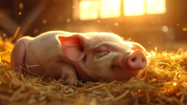 Sleeping Piglet in Golden Hay: Farm Life Serenity