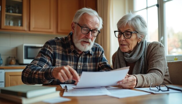 Senior couple reviews estate planning documents at kitchen table with personal finance books. Mature adults discuss retirement preparation, legal paperwork, wealth management, future security