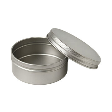 Open round metal tin container with lid isolated on transparent background